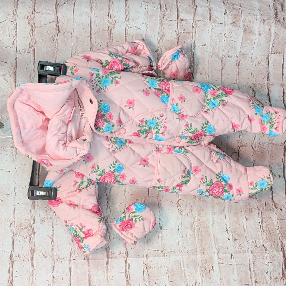 Mini Moi Floral Quilted Baby Snowsuit with Mittens 0 To 3 Months Nwt